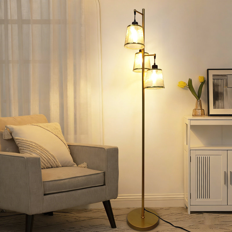 3-light Tree Floor Lamp, Dimmable Standing Lamp With Gold Metal Frame & Mesh Fabric Shades For Living Room, Bedroom (bulbs Included)
