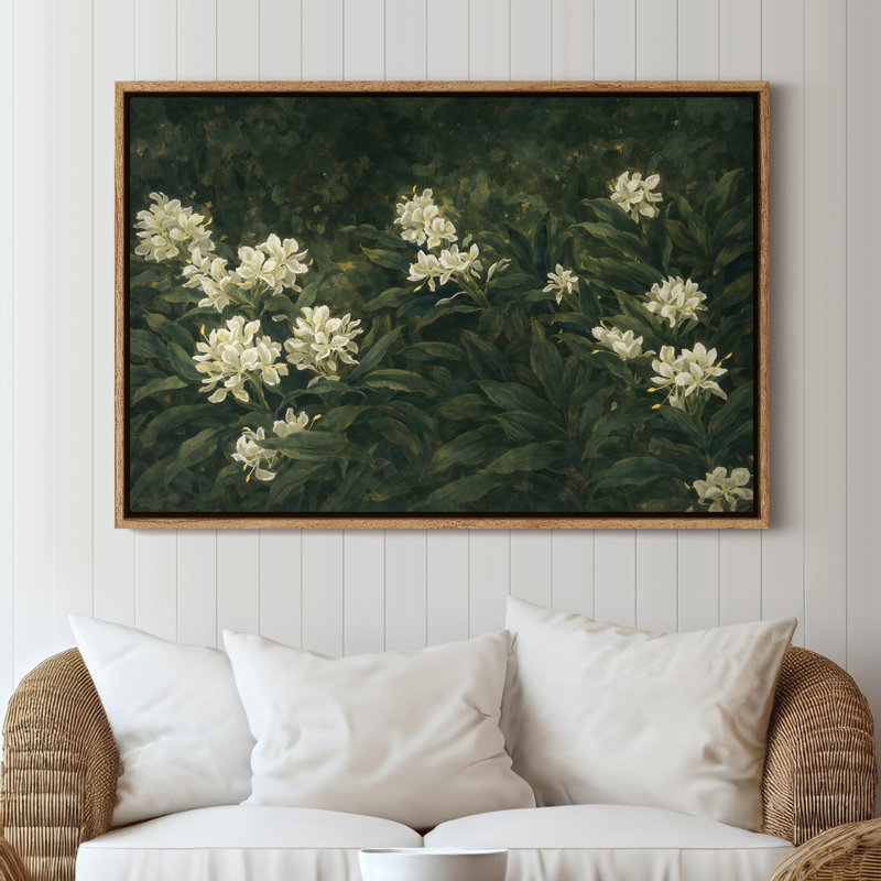 Art mural encadré sur toile - Arbustes botaniques classiques avec des fleurs blanches dans des tons de vert foncé - 16 po x 24 po, 24 po x 36 po