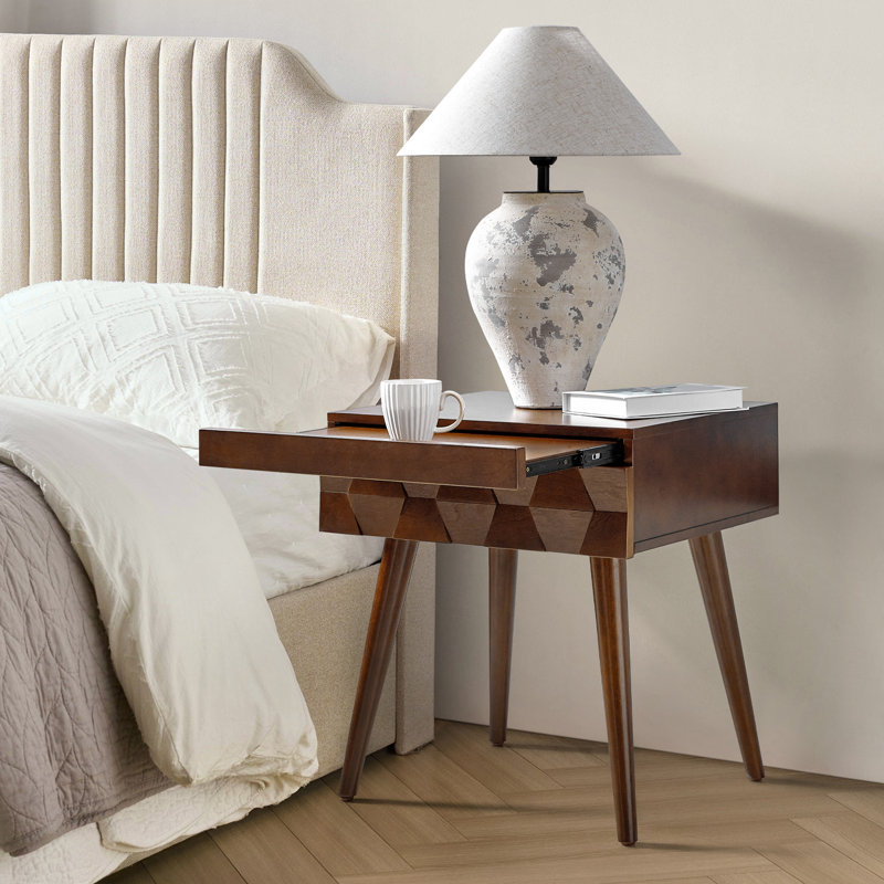 Iasiah Mid-Century Modern 23.75" Tall With Pull-Out Shelf and Built-in Charging Station, Walnut