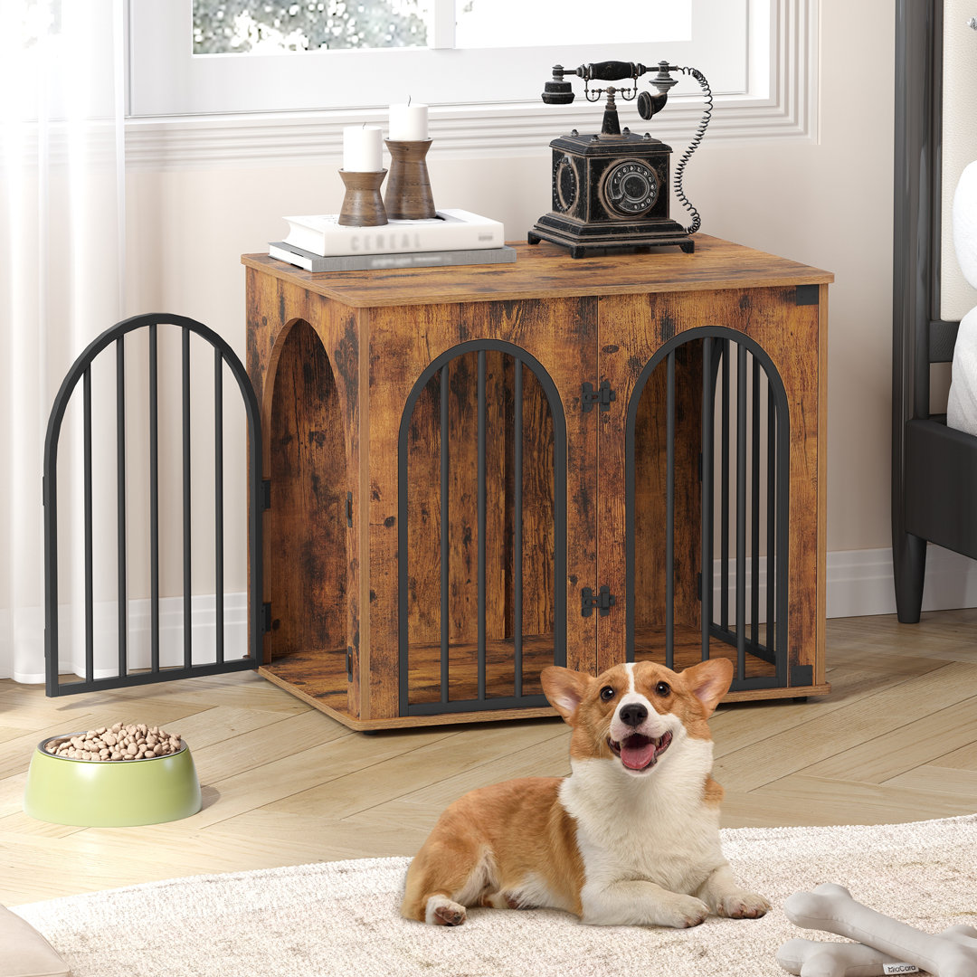 Dog Crate Furniture, 68 cm Wooden Dog Crate, Indoor Kennel for Small Dogs, End Side Table Animal Crates, Anti-Chew, Anti-Escape, Arched Door Design