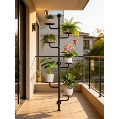 Support à plantes rotatif à 6 niveaux pour plantes d'intérieur, poteau mural en métal avec tablettes réglables en bois, tablette d'angle peu encombrante pour la décoration intérieure