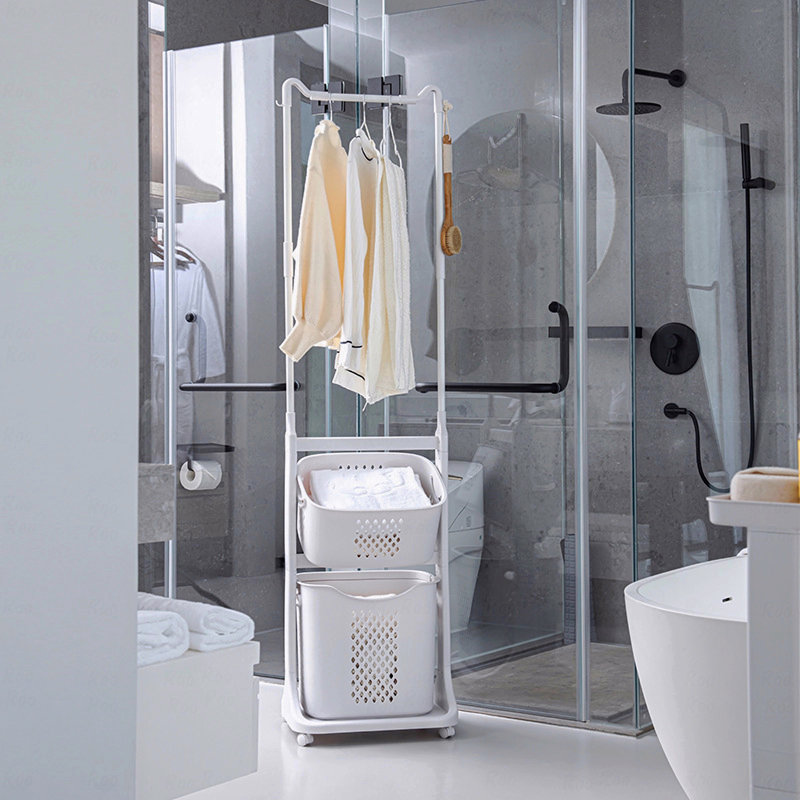 2-Tier Laundry Hamper Sorter With Hanging Bar, Rolling Laundry Baskets With Wheels Removable, Stackable Laundry Cart Organizer And Storage