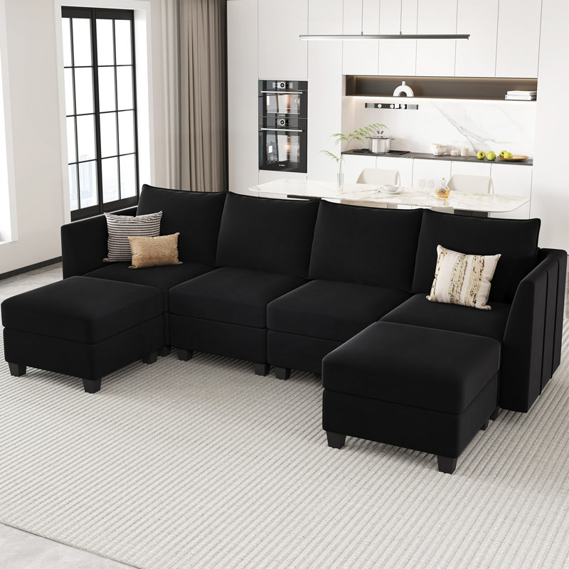 Canapé modulaire en bois massif avec repose-pieds Allinson, Velours noir