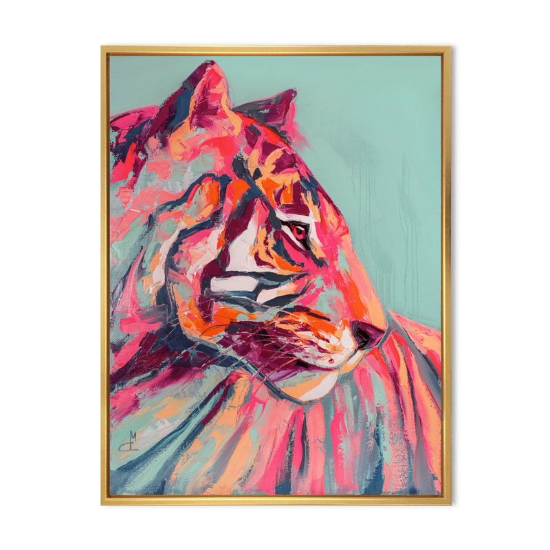 Œil de tigre rose, coup de peinture - peinture, H 32 po x l 16 po, Reproduction avec cadre flottant, Doré