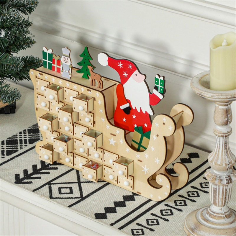 Calendrier de l'Avent de Noël - forme de traîneau du Père Noël, tiroirs à rebours 24 jours, bois naturel réutilisable (MDF), pré-assemblé pour bureau / manteau / foyer, l 8,9 po x l 3,1 po x H 14,2 po