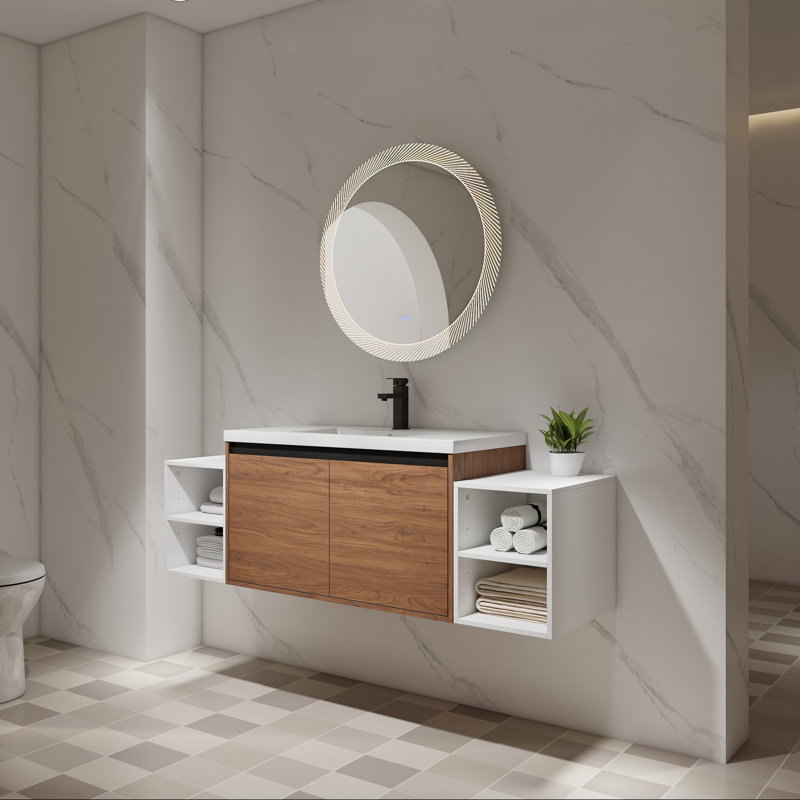 Meuble-lavabo mural avec lavabo à poser en résine, deux tablettes et portes à fermeture en douceur, 60"