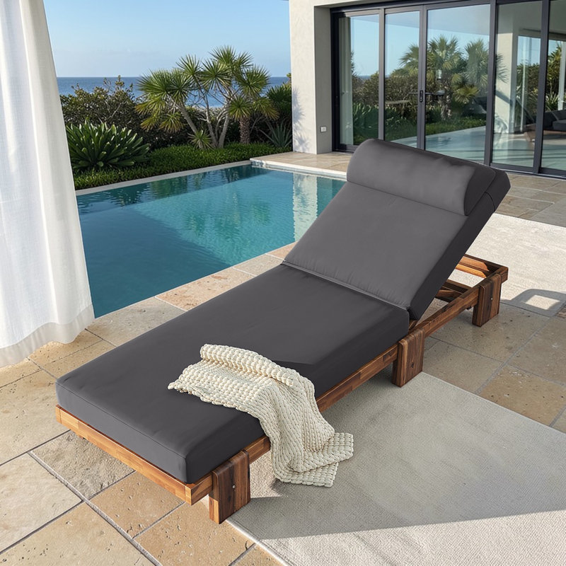 Chaise longue d'extérieur, dossier réglable à 3 positions, bois massif, structure linéaire épurée, patio contemporain