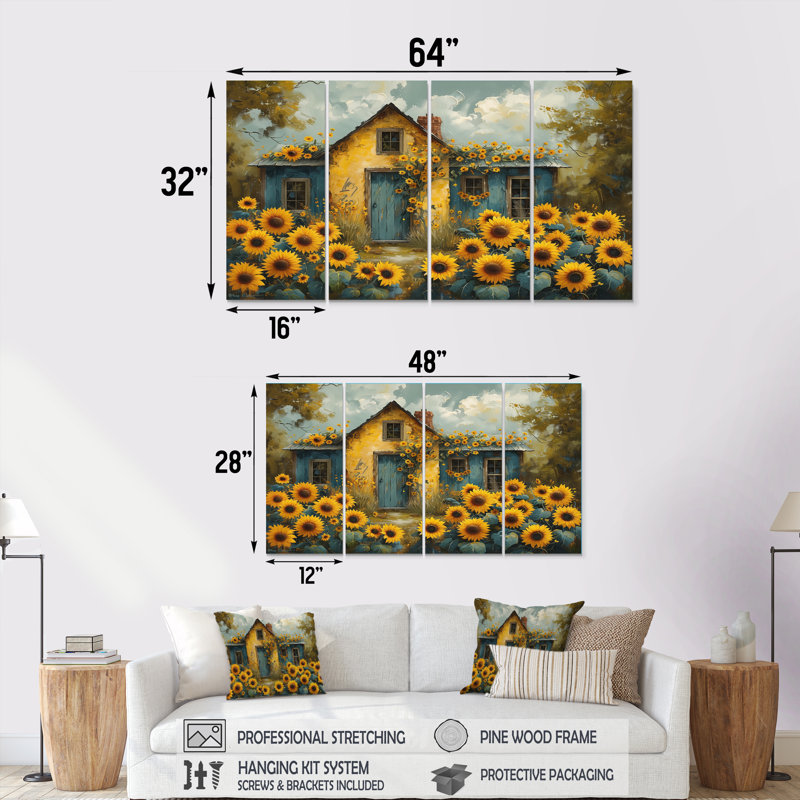 Jaune jaune brun champ de tournesols à la grange - ensemble d'art mural tournesols, H 32 po x l 64 po