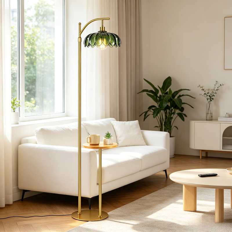 Lampe sur pied en verre Mid-Century moderne avec finition dorée, télécommande à intensité variable, hauteur réglable et abat-jour vert rétro pour le salon ou la chambre à coucher