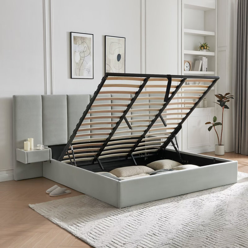 Upholstered Lift Storage Bed Frame with Hotel-Style Headboard, Queen Size & King Size Bed Frame, Sprung  Slats, Velvet Headboard and Drawers, Gas Lift Hydraulic Support, No Box Spring Needed