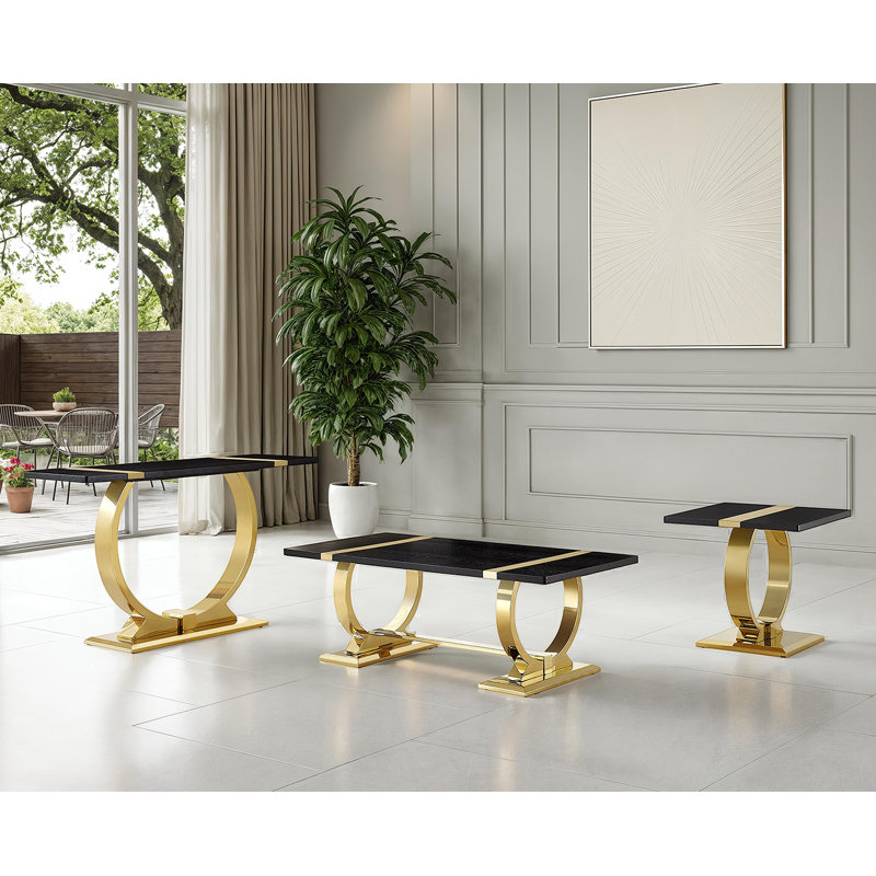 Table de bout luxueuse 1 pièce, base en forme de O, meubles de salon en acier inoxydable noir et doré