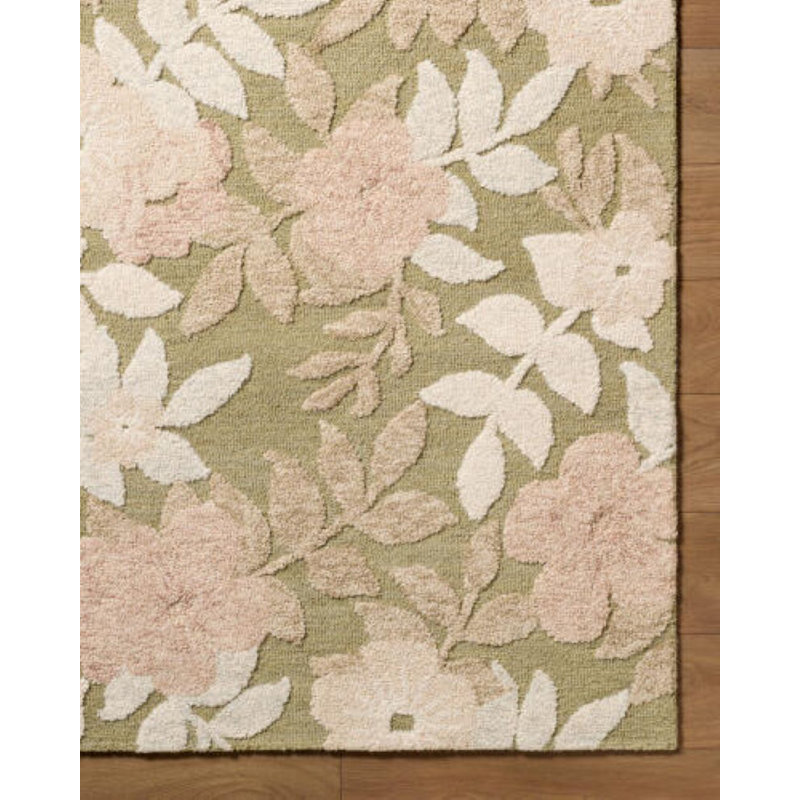 Fabian Handmade Area Rug, Rectangle 9' x 12', Olive Green/Pink/Cream