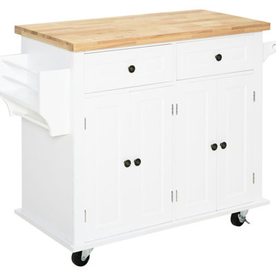 Rolling Kitchen Island, White, Offers Rubberwood Top, Spice Rack, Towel Rack And Storage Drawers For Practical Island On Wheels, With Body - Space Saving Option