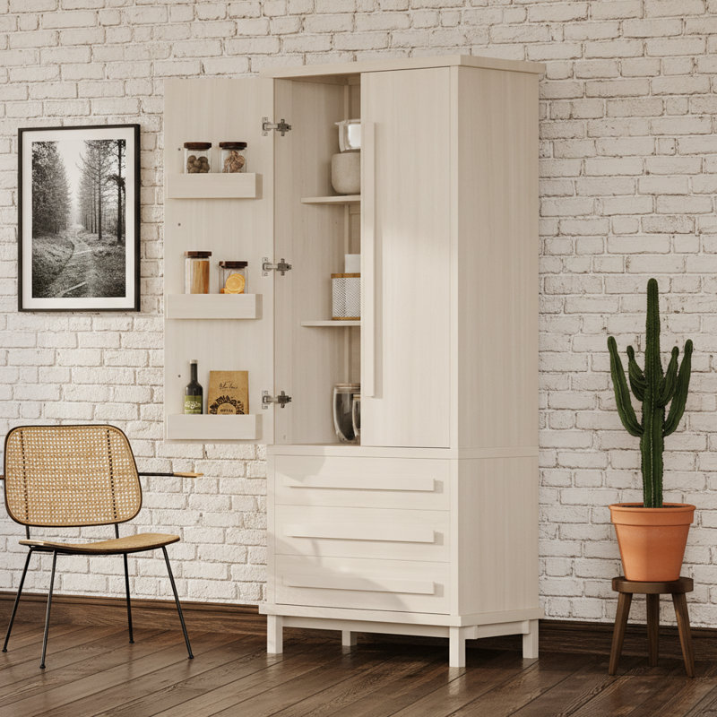 70Inch Tall Wooden Pantry Lilliam with Adjustable Shelf, 6 Door Compartments and 3 Full-Extension Drawers for Smart Kitchen Storage.