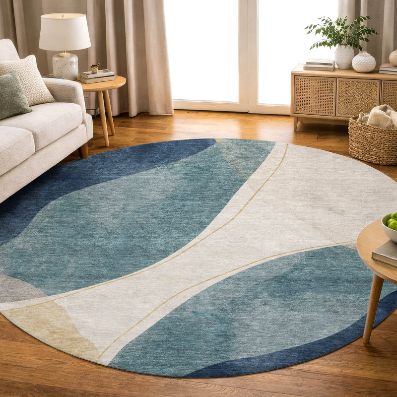 Tapis Chantille ACN3082 abstrait, lavable à la machine, intérieur/extérieur, Marine, 8 pi x 8 pi