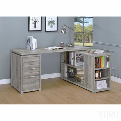 Bureau en L gris à 3 tiroirs en bois flotté