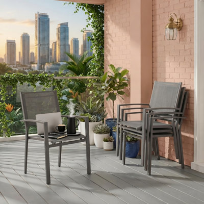 Heavy duty Metal Grey Outdoor Patio Chair Textilene, 21.6" L x 23.2" W x 34.6" H, Fabric+Metal, 4 Pieces, Chair, Gray, Durable Construction