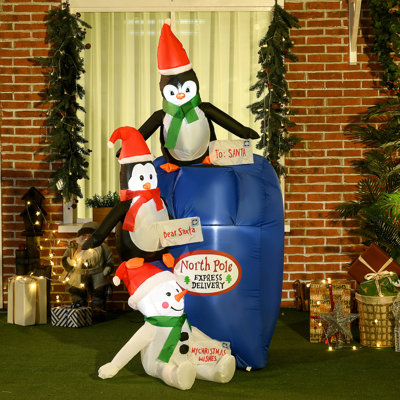 Boîte aux lettres gonflable d'extérieur de 6 pi avec des pingouins et un bonhomme de neige