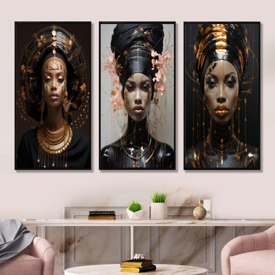 Élégance noire et dorée, beauté africaine - femme, ensemble de 3 impressions sur toile