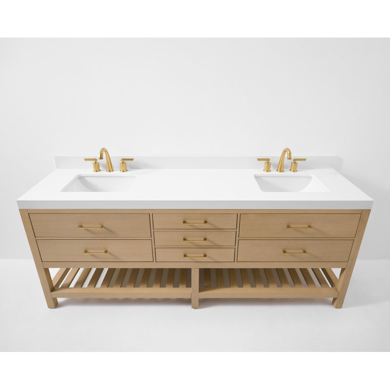 84 po Elizabeth Ensemble de meuble-lavabo en finition chêne avec comptoir en quartz blanc et lavabo encastré blanc