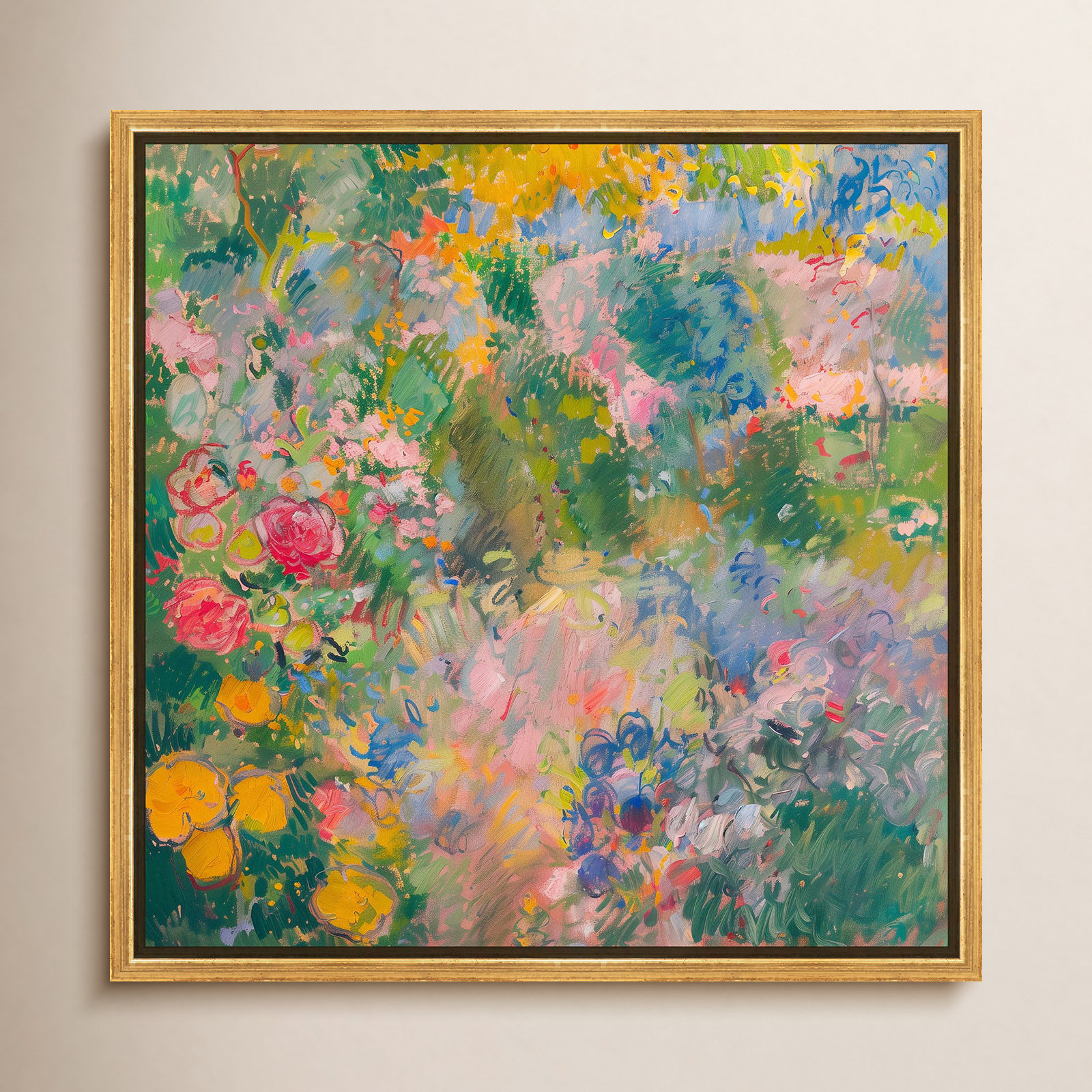 Vintage Flowers "Hues of Happiness I" Print, 41" H x 41" W, Gold Floater Framed