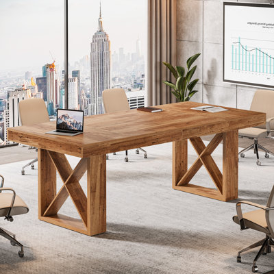 63'' Farmhouse Conference Table with Rustic Wood Finish for Meeting Rooms
