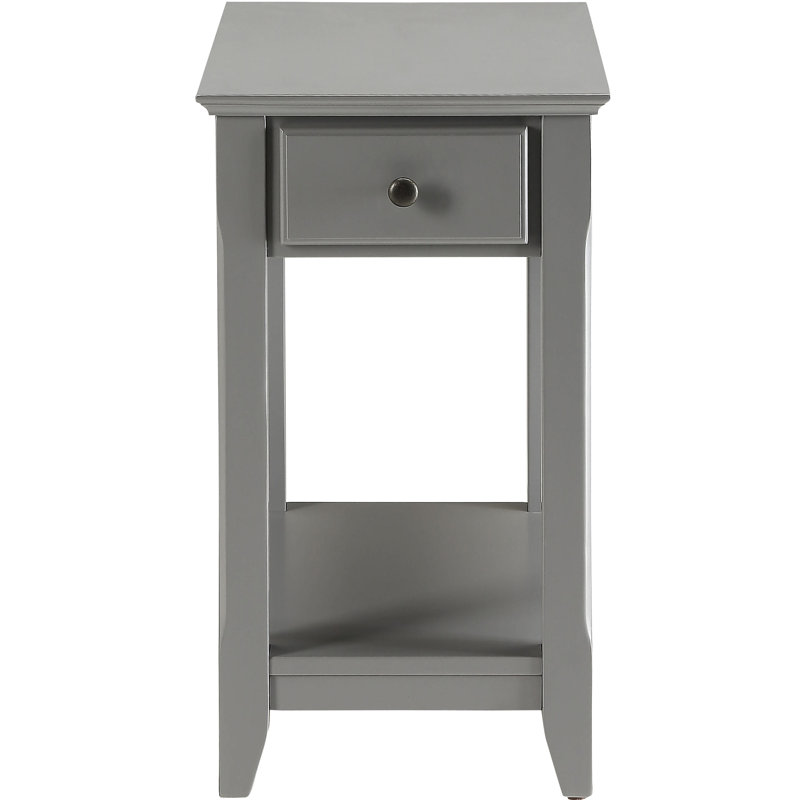 Grey Table With Open Bottom Shelf Storage & Rectangular Leg Structure Beneath