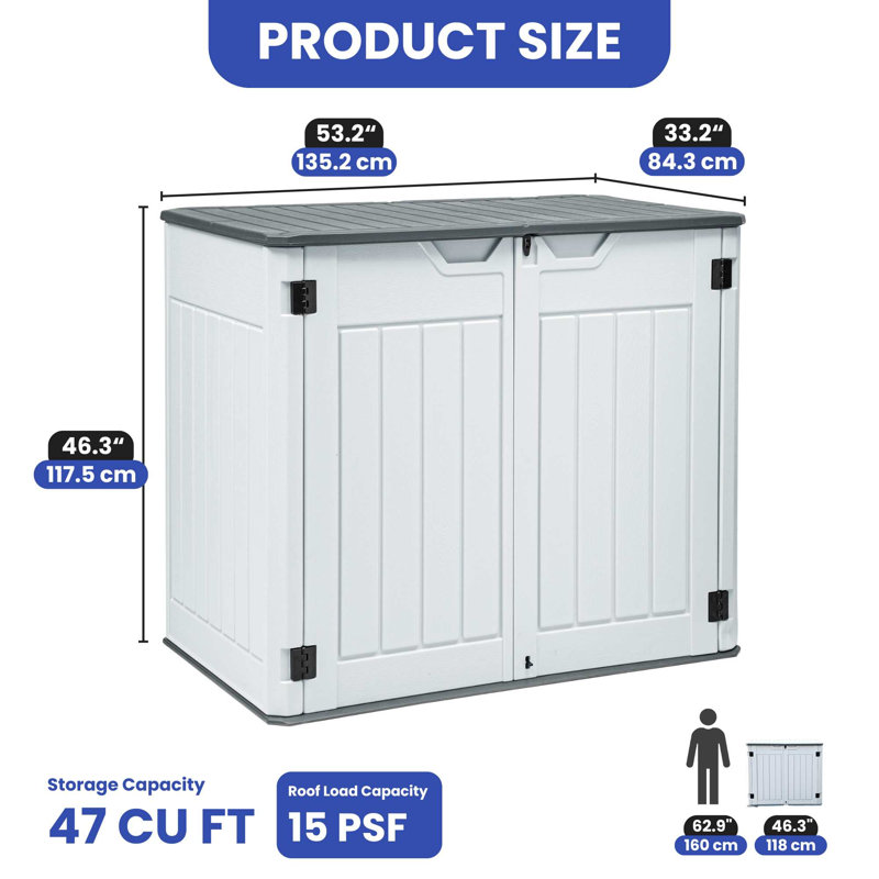 Outdoor Polyethylene Plastic Horizontal Storage Shed, Gray/White, 46.30" H x 53.20" W x 33.20" D 