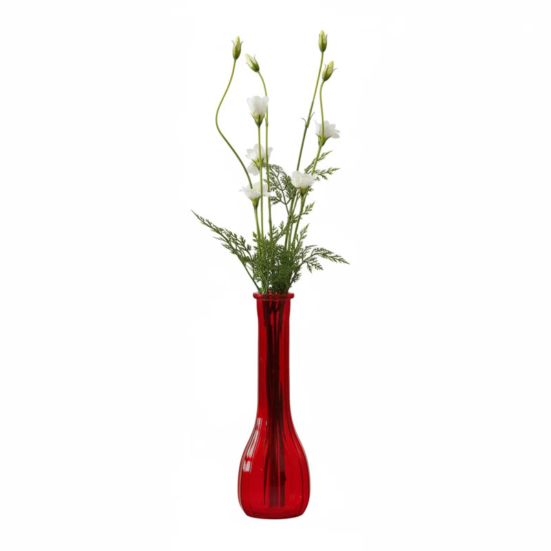 Ribbed Bud Vase, Red, 3" H x 3" W x 8.5" D
