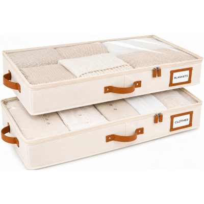 Under Bed Storage, Low Profile 2pc with Lid, Slim Fit for Low-clearance Beds & Couches, Fits Seasonal Clothes, Blankets & shoes, Bins with Lids, Space-saving Storage, (Ivory)