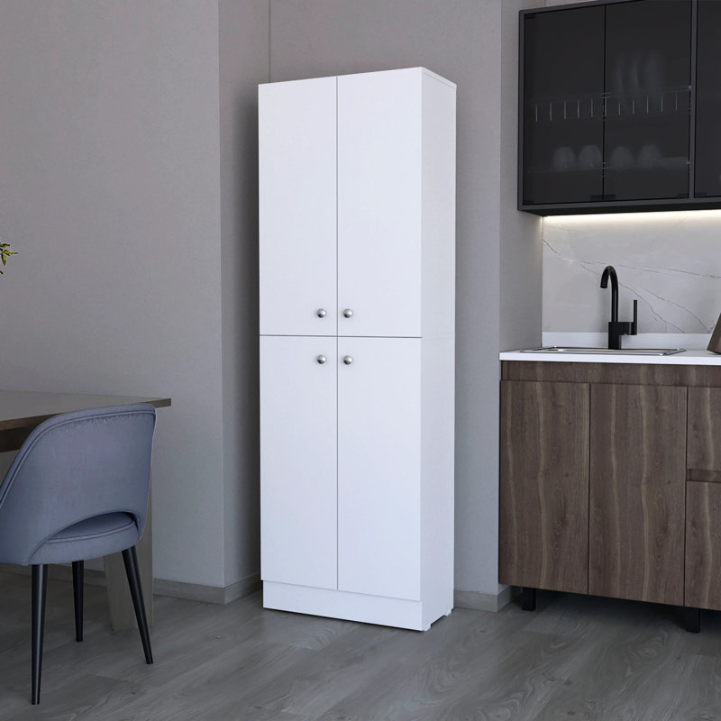 Garde-manger blanc à 4 portes avec 5 tablettes dissimulées pour une salle d'étude moderne, 4 portes et un espace de cuisine