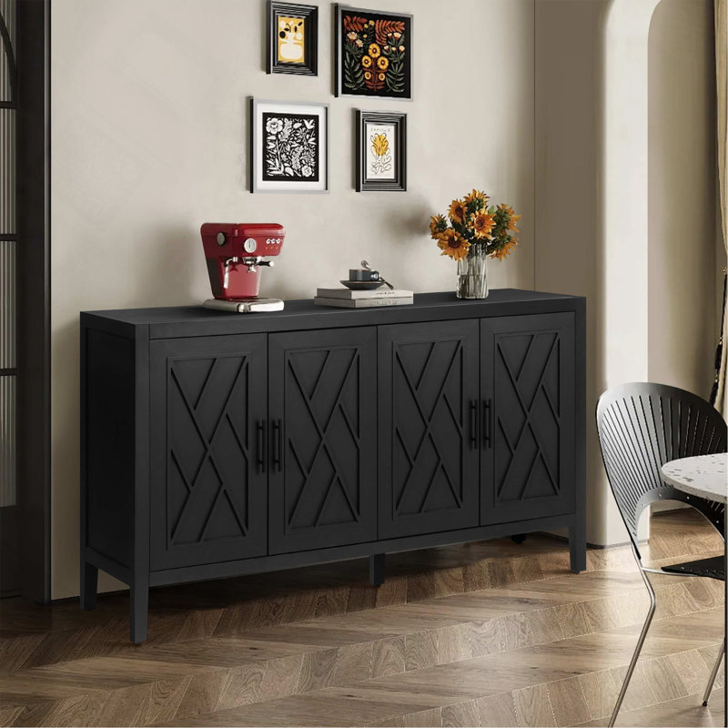Buffet console de style campagnard 60 pouces avec 4 portes et tablette réglable, Noir antique