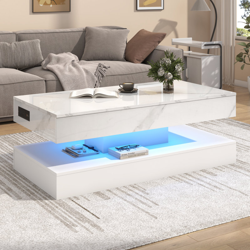 47.2" Large Lift Top Led Modern High Glossy  Coffee Table With Charging Station