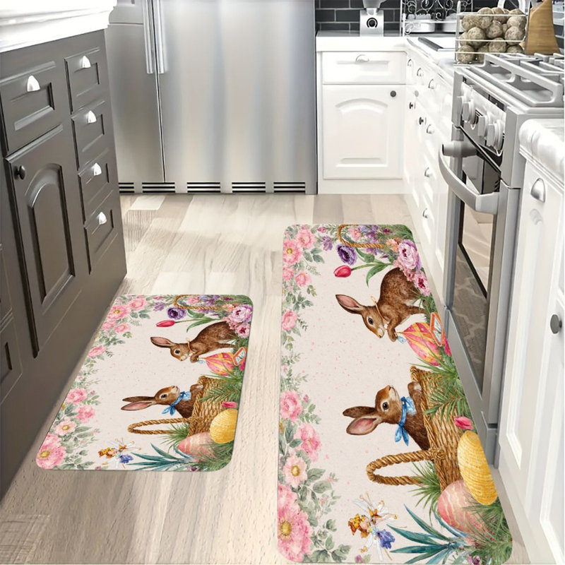 Ensemble de 2 lapins avec paniers de Pâques et tapis de cuisine, Lapins avec paniers de Pâques