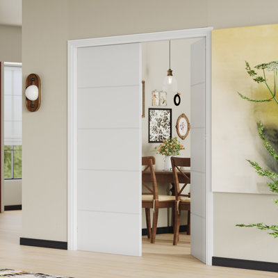 Porte de garde-manger intérieure à double porte avec cadre - Ensemble de portes en panneau de fibres à densité moyenne à 5 panneaux blancs avec quincaillerie, finition UV ultrabrillante pour les placards et les espaces de vie