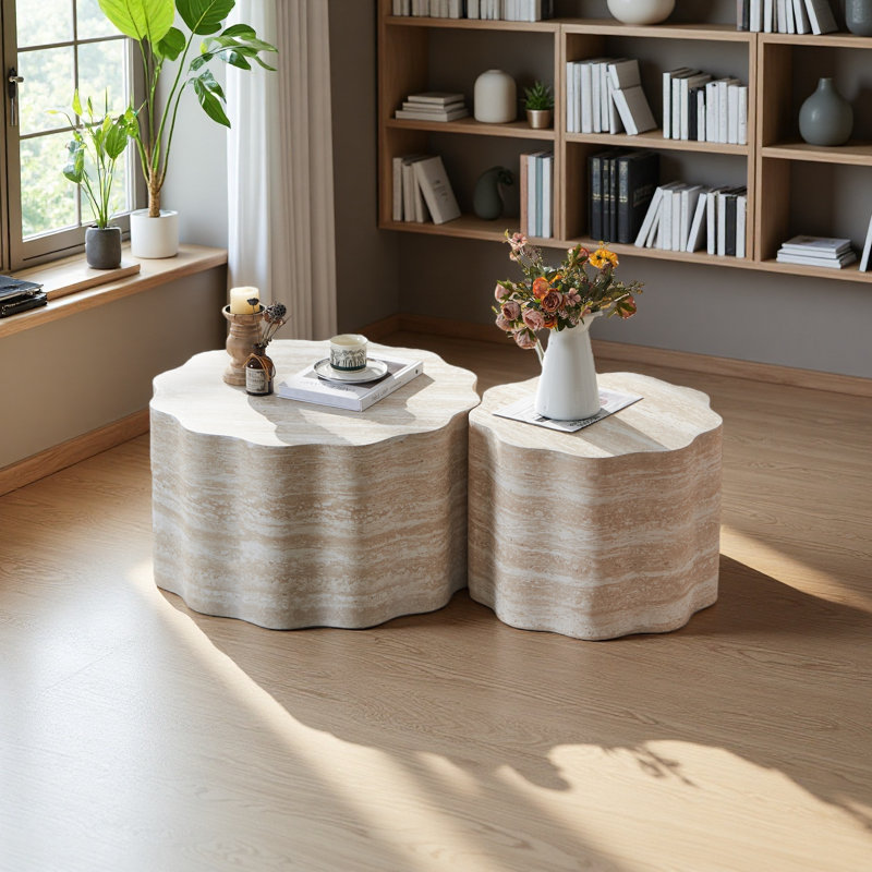 Ensemble de 2 tables basses rondes pour le salon, table d'appoint moderne minimaliste à motif de faux Mars, table de bout pour appartement, bureau