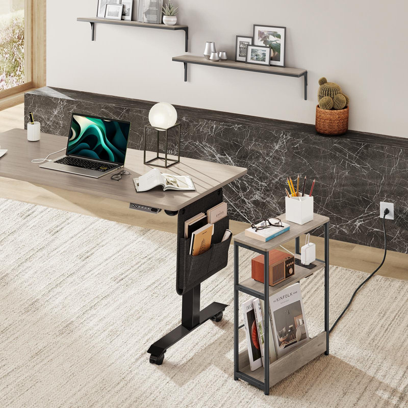 Side Table With Charging Station,magazine Rack, Heather Greige/Ink Black