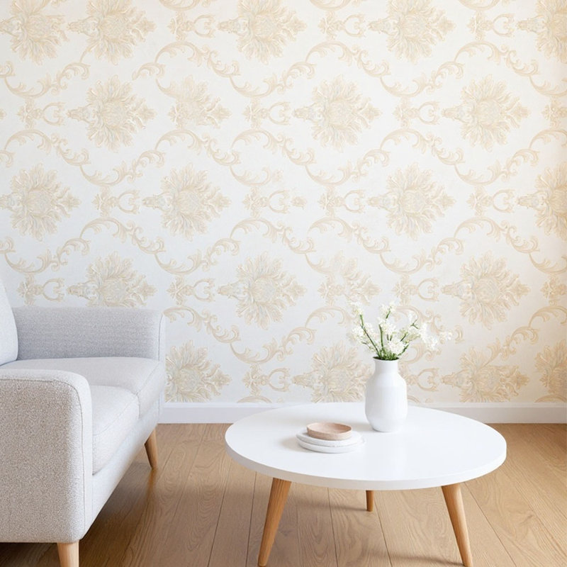 Non-Pasted Non-Woven 3D Embossed Wallpaper Roll, White/Gold