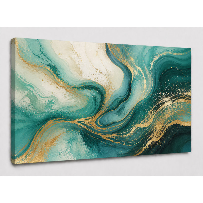 Grande toile abstraite sarcelle et dorée abstraite, art mural moderne, peinture à vagues fluides pour salon, chambre à coucher, bureau, impression sur toile 24 x 36 pouces - prête à être accrochée