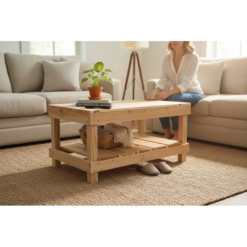 Farmhouse Rustic Wood Living Room Coffee Table with Shelf, Brown