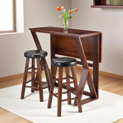 Luna 3-Pc Drop Leaf High Table with Cushion Seat Counter Stools, Walnut and Espresso