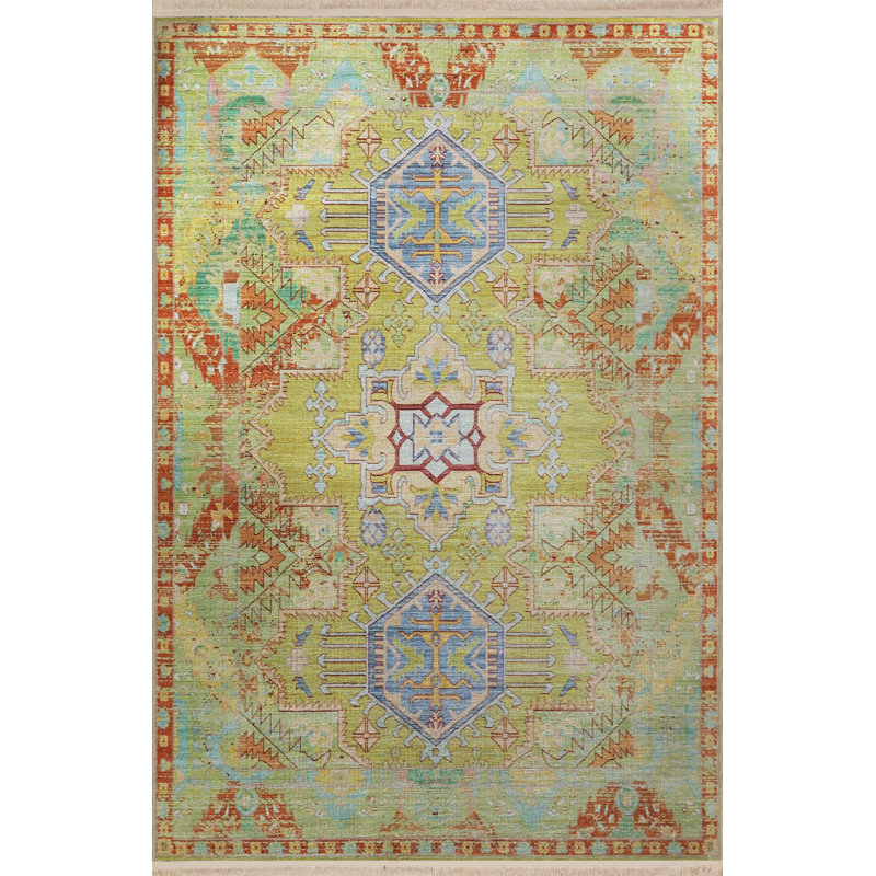 Tapis décoratif à motif frangé multicolore à motif traditionnel jaune et vert, Rectangle 3 pi 9,81 po x 4 pi 11,06 po