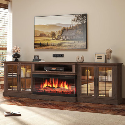 Console télé 98 po pour téléviseur de plus de 100 po, grand meuble multimédia avec foyer électrique panoramique de 36 po, rétroéclairage à DEL de 12 couleurs, tablettes en verre réglables et gestion des câbles