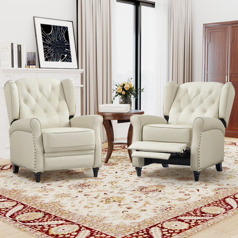 Fauteuil inclinable en cuir fleur 31,1 po de large avec dossier à oreilles (ensemble de 2), Beige crème