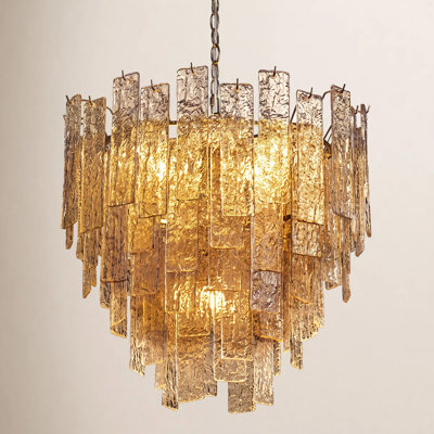 24" W 9-Light Gold Tiered Chandelier with Amber Hammered Glass Shade