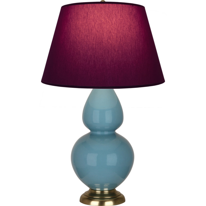 Lampe de table double gourde en céramique, Prune / lavande, Bleu acier émaillé / laiton, Laiton