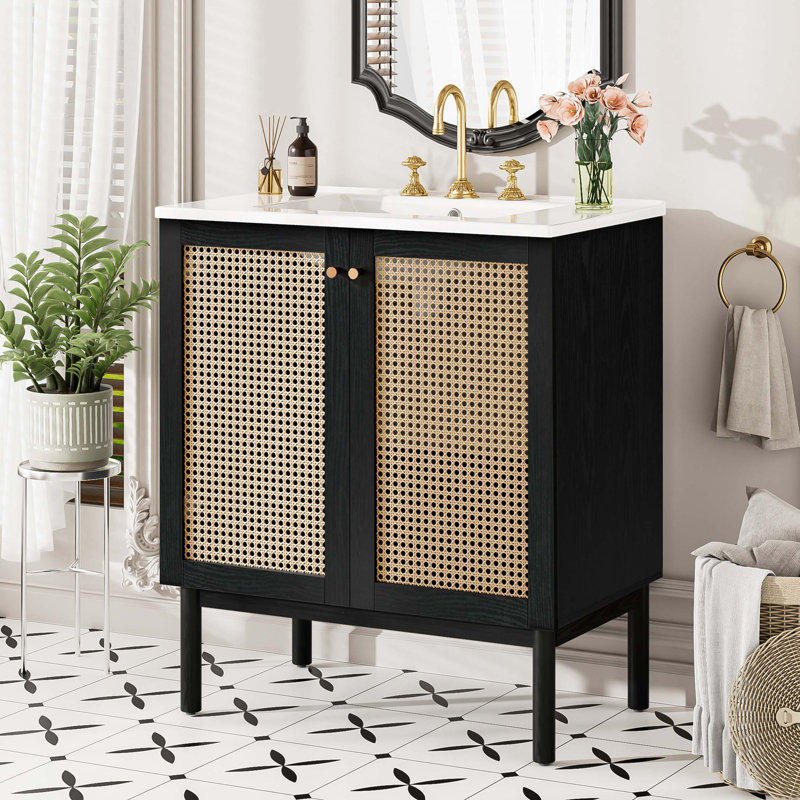 Meuble-lavabo de 30 pouces fabriqué à partir de matériaux naturels, avec des portes en rotin faites à la main et des mécanismes de fermeture en douceur