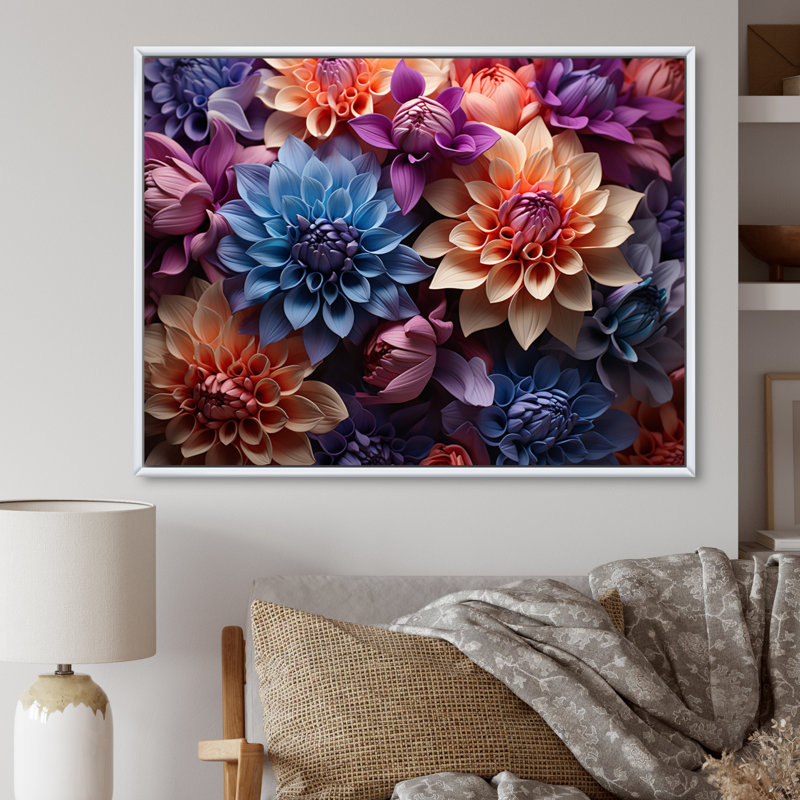 Dahlia Field Vibrant Composition I - impressions sur toile florales, 24" H x 32" W, Cadre flottant blanc