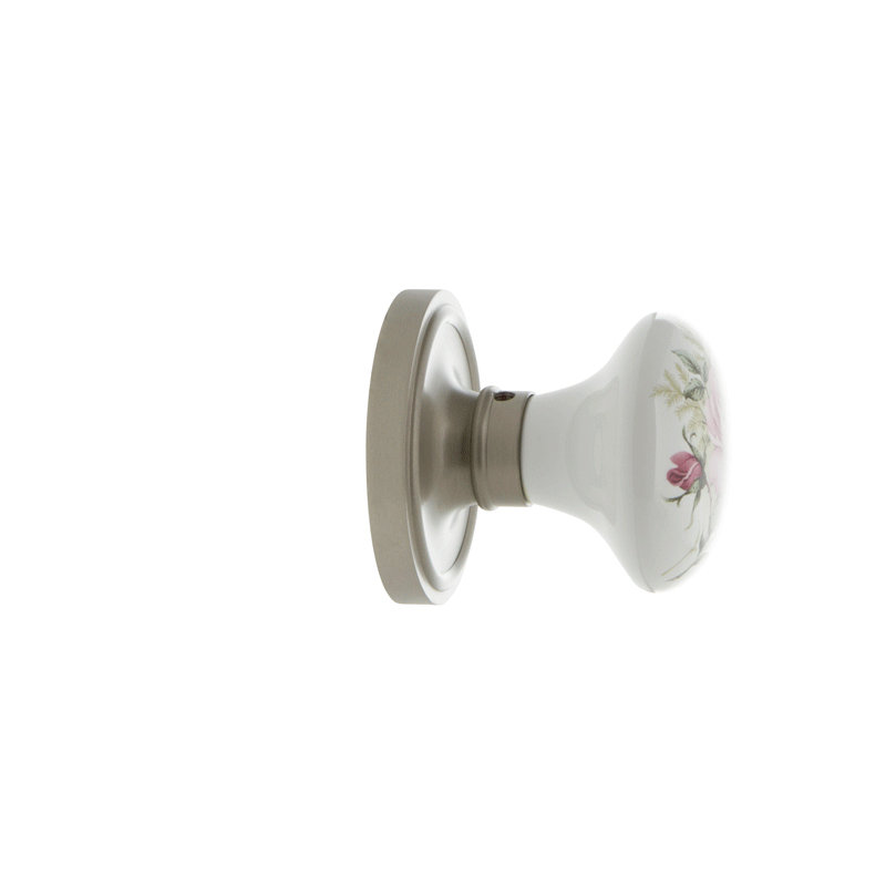 Classic Rosette with White Rose Porcelain Door Knob, Satin Nickel