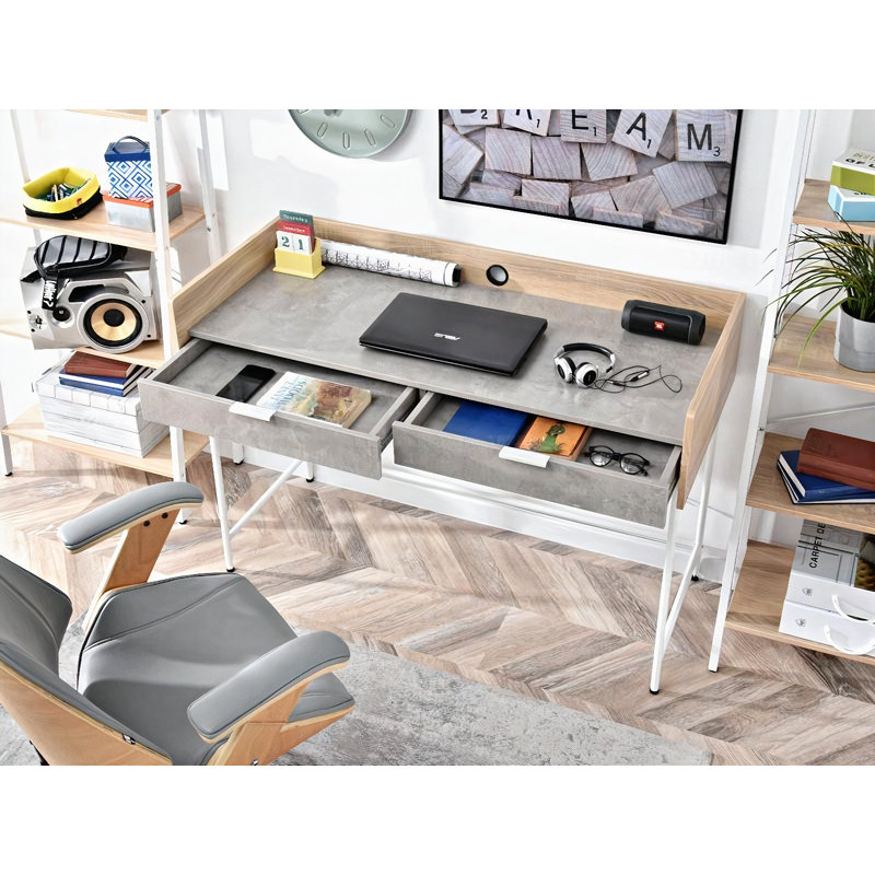 Dawnette Metal Base Writing Desk, White, Grey/Oak